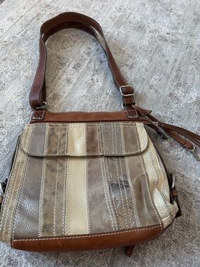 VTG Fossil Brown Tan Leather Patchwork Crossbody Double Strap Organize Bag Purse